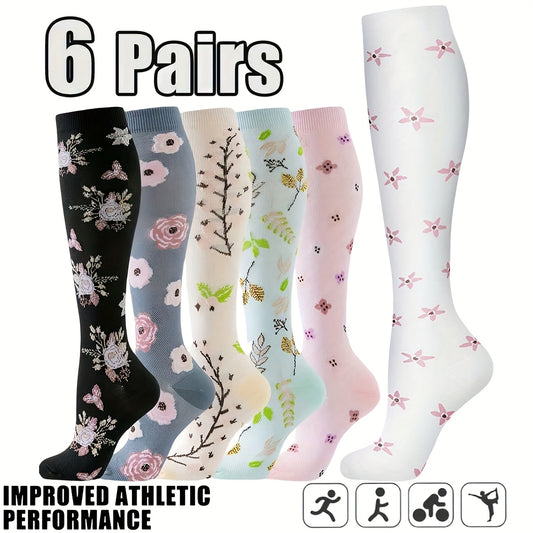 6 Pack Breathable Women’s Compression Socks High Calf Floral Athletic Support