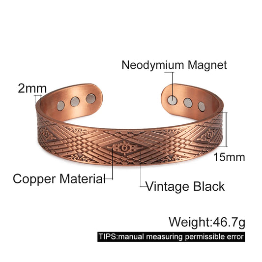 Adjustable Copper Cuff Bracelet - Geometric Design with Magnets