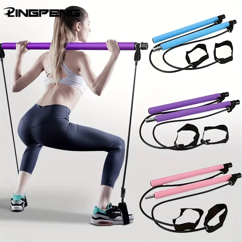 Multifunctional Pilates bar with resistance bands and foot loops