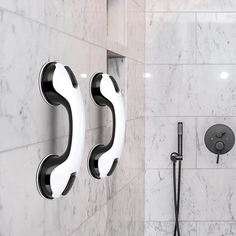 Suction cup shower grab bar mounted on bathroom tile