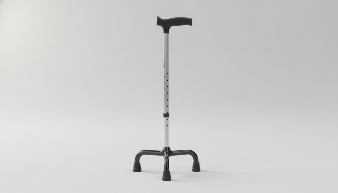 Illustration of a quad base cane showing four-point ground contact