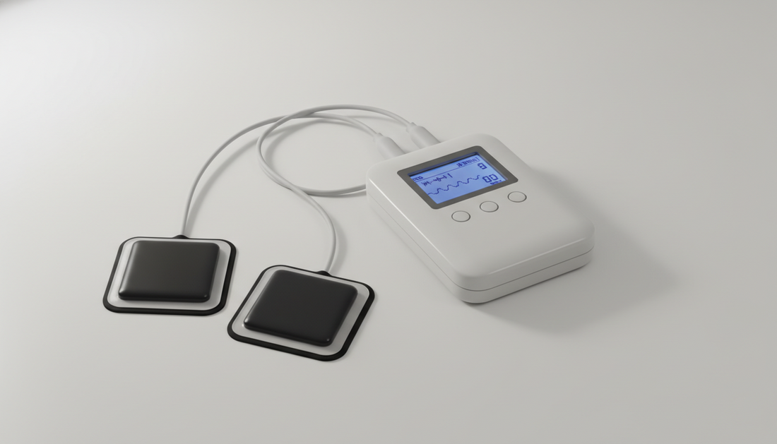 TENS muscle stimulator with control unit and electrode pads arranged on a clean background