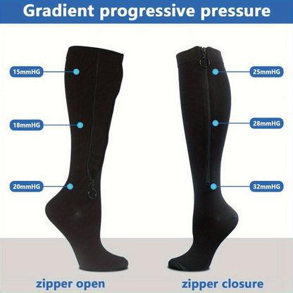 Zipper Knee High Compression Socks 15-20 mmHg Support
