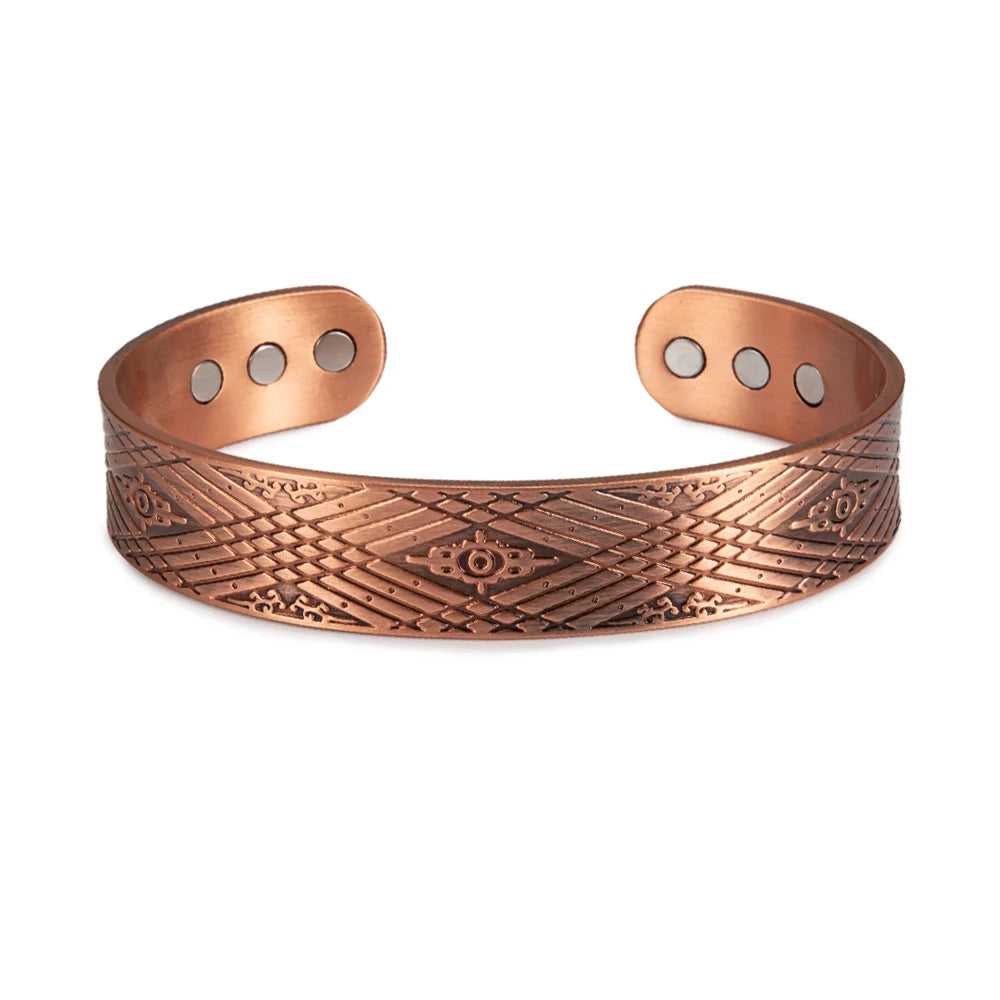 Adjustable Copper Cuff Bracelet - Geometric Design with Magnets