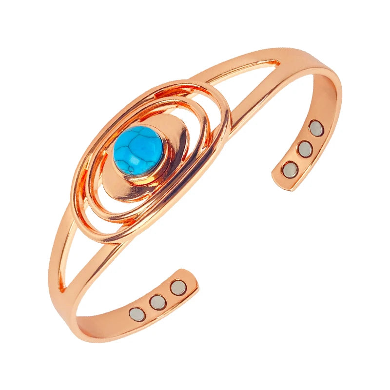 Adjustable Copper Cuff Bracelet - Gemstone Inlay with Magnets