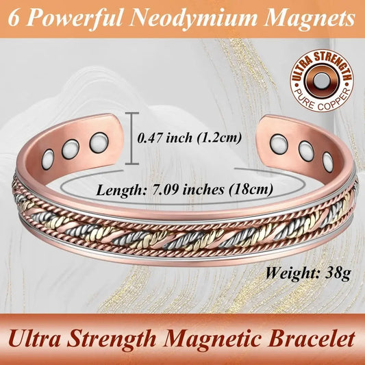 Adjustable Copper Cuff Bracelet - Handwoven Design with Magnets